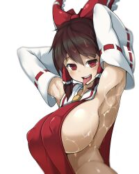 Rule 34 | 1girl, armpits, blush, breasts, cleavage, covered erect nipples, female focus, hakurei reimu, highres, huge breasts, looking at viewer, naughty face, open mouth, sideboob, sinensian, smile, solo, sweat, tongue, tongue out, touhou