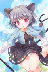 Rule 34 | 1girl, animal ears, basket, blush, capelet, dowsing rod, grey hair, highres, jewelry, looking at viewer, lzh, mouse (animal), mouse ears, mouse tail, nazrin, panties, pantyshot, pendant, red eyes, short hair, skirt, solo, tail, touhou, underwear, upskirt, white panties