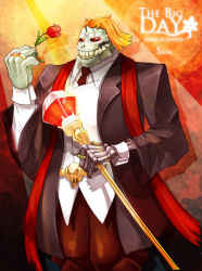 Rule 34 | 1boy, beancurd, belt, bone, cane, character name, copyright name, diamond (gemstone), flower, formal, highres, jewelry, league of legends, male focus, necktie, orange hair, red eyes, red flower, red rose, ring, rose, scarf, sion (league of legends), skull, solo, sparkle, suit, thorns