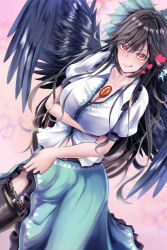 Rule 34 | 1girl, :q, arm under breasts, bird wings, black hair, black thighhighs, black wings, blush, breasts, cleavage, closed mouth, clothes lift, collared shirt, commentary request, cowboy shot, dutch angle, frilled shirt collar, frilled skirt, frills, garter straps, green skirt, hair between eyes, heart, highres, lace, lace-trimmed thighhighs, large breasts, lifting own clothes, long hair, looking at viewer, navel, niradama (nira2ratama), orange eyes, pink background, puffy short sleeves, puffy sleeves, reiuji utsuho, shirt, short sleeves, skirt, skirt lift, smile, solo, thighhighs, third eye, tongue, tongue out, touhou, white shirt, wings