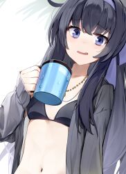 Rule 34 | 1girl, absurdres, bags under eyes, bikini, black bikini, black hair, blue archive, blush, breasts, cardigan, commentary, cup, grey cardigan, hairband, highres, holding, holding cup, jewelry, long hair, looking at viewer, mug, navel, necklace, open mouth, pendant, purple eyes, purple hairband, simple background, small breasts, solo, swimsuit, ui (blue archive), ui (swimsuit) (blue archive), white background, yamada auto