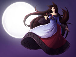 Rule 34 | 1girl, animal ears, brown hair, dress, full moon, imaizumi kagerou, long hair, mazume, moon, red eyes, smile, solo, tail, touhou, very long hair, wide sleeves, wolf ears, wolf tail