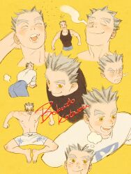 Rule 34 | 1boy, bokuto koutarou, brown shirt, character name, chengongzi123, closed eyes, closed mouth, colored eyelashes, commentary, facing viewer, full body, grey hair, haikyuu!!, highres, looking at viewer, looking back, male focus, male swimwear, multicolored hair, multiple views, open mouth, puff of air, saliva, shirt, short hair, simple background, smelling, smile, streaked hair, swim trunks, symbol-only commentary, tank top, thick eyebrows, upper body, very short hair, white shirt, yellow background, yellow eyes