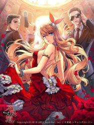 Rule 34 | 1girl, 2boys, armlet, back, backless outfit, bare shoulders, blonde hair, blue eyes, bracelet, breasts, brown eyes, brown hair, clothes lift, dated, dress, dress lift, earrings, evening gown, flower, formal, furyou michi ~gang road~, gun, hair ornament, handgun, jewelry, lens flare, lips, long hair, looking at viewer, looking back, love cacao, multiple boys, necklace, necktie, petals, pistol, red dress, rose, shingae kasuka, sideboob, sleeveless, sleeveless dress, suit, sunglasses, walkie-talkie, weapon