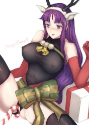 Rule 34 | 1girl, abs, alternate costume, altina (fire emblem), antlers, blue eyes, blush, bodystocking, bow, box, breasts, candy, candy cane, christmas, covered erect nipples, elbow gloves, female focus, female masturbation, fire emblem, fire emblem: radiant dawn, fire emblem heroes, food, gift, gloves, highres, horns, jtaka, large breasts, long hair, masturbation, masturbation through clothes, merry christmas, nintendo, nipples, open mouth, purple hair, see-through, solo, spread legs, thighhighs, white background