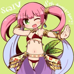 Rule 34 | 1girl, ;d, anniversary, arm behind head, arm up, bikini, black bikini, blush, chaps, commentary request, copyright name, dancer (sekaiju), etrian odyssey, green background, green eyes, harem outfit, harem pants, highres, long hair, naga u, navel, one eye closed, open mouth, outstretched arm, pants, pink hair, purple pants, sekaiju no meikyuu, sekaiju no meikyuu 4, smile, solo, swimsuit, teeth, twintails, upper teeth only