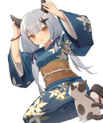 Rule 34 | 1girl, :o, animal, arms up, black footwear, blue kimono, blue ribbon, blush, brown eyes, cat, commentary request, dutch angle, floral print, grey hair, hair between eyes, hair ornament, hair over shoulder, hair ribbon, horns, japanese clothes, kildir, kimono, long hair, long sleeves, looking at viewer, low twintails, obi, original, parted lips, platform footwear, print kimono, ribbon, sandals, sash, seiza, simple background, sitting, solo, twintails, very long hair, white background, white legwear, wide sleeves, zouri