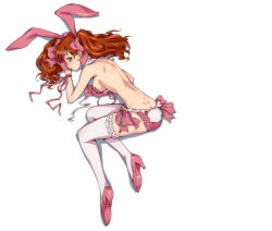 Rule 34 | 1girl, animal ears, aqua eyes, asahina yurina, back, backboob, breasts, butt crack, covering privates, covering breasts, hairu, high heels, legs, long hair, looking at viewer, lying, on side, pink footwear, pink thighhighs, rabbit ears, red hair, ribbon, shoes, solo, super real mahjong, thighhighs, topless, twintails, undressing, white thighhighs