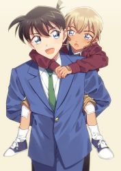 Rule 34 | 2boys, :d, :o, aged down, amuro tooru, arms around neck, bandaid, bandaid on hand, bandaid on knee, bandaid on leg, blazer, blonde hair, blue eyes, blue jacket, blue pants, brown hair, brown shorts, carrying, child, collared shirt, commentary request, green neckwear, hair between eyes, jacket, k (gear labo), kudou shin&#039;ichi, long sleeves, looking at another, male focus, meitantei conan, multiple boys, necktie, open mouth, pants, piggyback, red jacket, school uniform, shirt, shoes, short hair, shorts, simple background, smile, sneakers, socks, standing, teitan high school uniform, time paradox, white legwear, white shirt