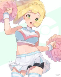 Rule 34 | 1girl, :o, alternate costume, bad id, bad twitter id, bike shorts, blonde hair, breasts, cheerleader, commentary, creatures (company), eyelashes, game freak, green eyes, highres, holding, holding pom poms, large breasts, lillie (pokemon), long hair, looking at viewer, medium breasts, navel, nintendo, open mouth, pleated skirt, pokemon, pokemon sm, pom pom (cheerleading), pom poms, ponytail, signature, skirt, solo, thighhighs, tongue, tsunamaru. (tuna 330), white skirt, wristband