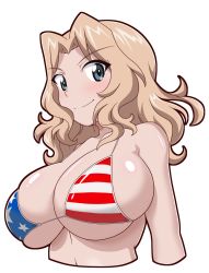 1girl american_flag_bikini american_flag_print bikini blonde_hair blue_eyes blush breasts flag_print girls_und_panzer gogopaint highres kay_(girls_und_panzer) large_breasts looking_at_viewer navel print_bikini skindentation smile solo swimsuit upper_body