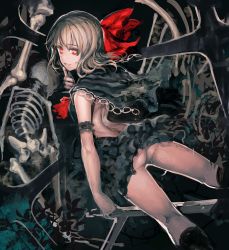 Rule 34 | 1girl, alternate costume, arm strap, ascot, ass, backless outfit, black dress, blonde hair, bow, capelet, chain, commentary request, darkness, dress, hair bow, highres, looking at viewer, looking back, no panties, organ derwald, rumia, skeleton, sleeveless, sleeveless dress, smile, solo, touhou, upskirt