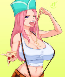 Rule 34 | 1girl, 47 hard, breasts, food, highres, huge breasts, jewelry bonney, long hair, looking at viewer, one eye closed, one piece, pink hair, pizza, purple eyes, solo, tongue, tongue out, wink