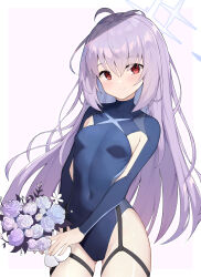 Rule 34 | 1girl, absurdres, ahoge, atsuko (blue archive), blue archive, blue halo, blue leotard, blush, border, bouquet, breasts, closed mouth, commentary, cowboy shot, flower, groin, hair between eyes, halo, highres, holding, holding bouquet, leotard, long hair, long sleeves, looking at viewer, pink flower, pu ht, purple flower, purple hair, red eyes, revision, small breasts, smile, solo, white border