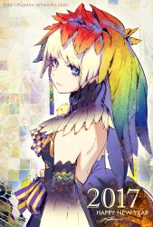 Rule 34 | 1girl, 2017, animal, backless dress, backless outfit, bare back, bare shoulders, bird, blonde hair, blue eyes, bow, braid, chick, chinese zodiac, colorful, dated, detached sleeves, dress, feathers, from side, happy new year, high collar, highres, light smile, looking at viewer, looking back, new year, original, rainbow gradient, shoulder blades, side braid, sideways glance, signature, single braid, solo, upper body, watermark, web address, year of the rooster, yuranpo