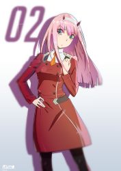 Rule 34 | 10s, 1girl, black pantyhose, blue eyes, character name, darling in the franxx, dress, grey hairband, hairband, hand on own hip, horns, kuno (runkunochan), long hair, looking at viewer, pantyhose, pink hair, red dress, solo, standing, uniform, zero two (darling in the franxx)