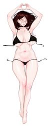 Rule 34 | 1girl, absurdres, armpits, arms up, bikini, black bikini, breasts, breasts apart, brown hair, chief nuna (zcune), choker, collarbone, full body, glasses, head tilt, heart, heart hands, highres, korean commentary, large breasts, legs together, looking at viewer, lying, medium hair, mole, mole on breast, mole under eye, navel, on back, original, smile, solo, swimsuit, thigh gap, yellow eyes, zcune