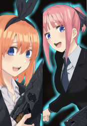 Rule 34 | 2girls, :d, absurdres, alternate costume, alternate hairstyle, black ribbon, black suit, blue eyes, blue necktie, blunt bangs, blush, breasts, collared shirt, commentary request, cosplay, double-parted bangs, eyebrows hidden by hair, eyelashes, eyes visible through hair, formal, go-toubun no hanayome, gun, hair between eyes, hair ribbon, highres, holding, holding gun, holding weapon, kouta(34765766), large breasts, long sleeves, looking at viewer, medium hair, multiple girls, nakano nino, nakano yotsuba, necktie, open mouth, orange hair, pink hair, psycho-pass, ribbon, shirt, siblings, sisters, smile, straight hair, suit, twins, weapon, white shirt