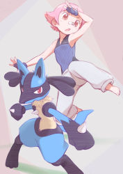 Rule 34 | 1girl, bad id, bad pixiv id, bandaid, bandaid on face, bandaid on nose, blue gloves, blush, commentary request, creatures (company), fingerless gloves, game freak, gen 4 pokemon, gloves, gym leader, highres, looking at viewer, looking away, lucario, maylene (pokemon), nintendo, okayparium, open mouth, pink eyes, pink hair, pokemon, pokemon (creature), pokemon dppt, red eyes, short hair, sleeveless