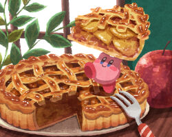 Rule 34 | apple, apple pie, dessert, food, food focus, fork, fruit, holding, holding food, indoors, kirby, kirby (series), miclot, nintendo, pie, pie slice, plant, plate, red apple, table