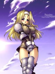 Rule 34 | 1girl, armor, blonde hair, blush, bottomless, breasts, covered erect nipples, covering privates, covering crotch, female focus, final fantasy, final fantasy tactics, gunner-l, headband, impossible clothes, impossible shirt, large breasts, open mouth, outdoors, purple eyes, shirt, shirt tug, sky, solo, squire (fft)