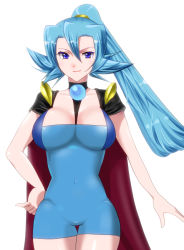 Rule 34 | 1girl, blue eyes, blue hair, breasts, cape, clair (pokemon), creatures (company), game freak, gym leader, hand on own hip, hip focus, large breasts, long hair, matching hair/eyes, nintendo, pokemon, ponytail, smile, solo