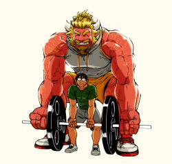 Rule 34 | 2boys, alternate costume, bara, bare arms, beard, black hair, blonde hair, chijimetaro, colored skin, exercising, facial hair, full body, giant, giant male, grey shorts, hairy, horns, large pectorals, lucky student (chijimetaro), male focus, mini person, miniboy, multiple boys, muscular, oni, oni horns, original, pectorals, pointy ears, red oni, red oni (chijimetaro), red skin, short hair, shorts, size difference, squatting, tank top, thighs, weightlifting, white tank top, yellow shorts