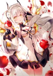 Rule 34 | 1girl, apple, avatar base, bad id, bad pixiv id, blush, breasts, cleavage, dragon, dragon girl, dragon horns, elsword, food, fruit, hand on own neck, headdress, highres, horns, lium, long hair, long sleeves, open mouth, original, solo, sparkle, twintails, very long hair, white hair, wide sleeves, yellow eyes