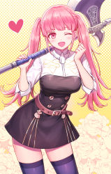 Rule 34 | 1girl, axe, breasts, contrapposto, cowboy shot, deadnooodles, fire emblem, fire emblem: three houses, floral background, garreg mach monastery uniform, hands up, heart, highres, hilda valentine goneril, holding, holding axe, long hair, looking at viewer, medium breasts, nintendo, one eye closed, open mouth, over shoulder, pink eyes, pink hair, purple thighhighs, solo, thighhighs, twintails