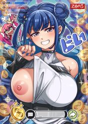 Rule 34 | 2girls, bare shoulders, black choker, blue hair, blue nails, blush, breasts, chat log, chest belt, choker, coin, collarbone, commentary request, cropped vest, diamond (gemstone), dollar sign, double bun, duel monster, earclip, earrings, evil twin lil-la, green eyes, grey eyes, grin, hair between eyes, hair bun, highres, jacket, jewelry, ki-sikil (yu-gi-oh!), large breasts, leotard, leotard pull, lil-la-rap, lil-la (yu-gi-oh!), live twin ki-sikil, livestream, long hair, looking at viewer, multiple girls, nail polish, nipples, official alternate costume, one breast out, open mouth, pink hair, pink jacket, pulled by self, sidelocks, single earring, smile, solo focus, standing, teeth, twintails, underbust, upper body, vest, white leotard, yas (35373), yu-gi-oh!