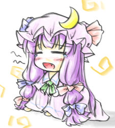 Rule 34 | 1girl, = =, ascot, bad id, bad pixiv id, bow, chibi, crescent, fang, female focus, hair bow, hat, hat bow, long hair, lowres, natsuki (silent selena), open mouth, patchouli knowledge, purple hair, solo, tears, touhou, yawning