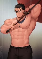 Rule 34 | 1boy, absurdres, bara, black hair, blonde hair, eyepatch, facial hair, highres, huge filesize, jewelry, large pectorals, male focus, manly, mikicat, multicolored hair, muscular, original, pants, pectorals, rain, see-through, solo, streaked hair, thick thighs, thighs, topless male, umbrella, water drop, wet, yellow eyes