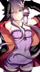 Rule 34 | 1girl, :o, armpits, arms up, bare shoulders, cluseller, cowboy shot, flat chest, hair ornament, highres, long sleeves, looking at viewer, off shoulder, parted lips, purple eyes, purple hair, purple thighhighs, simple background, solo, thighhighs, voiceroid, white background, yuzuki yukari