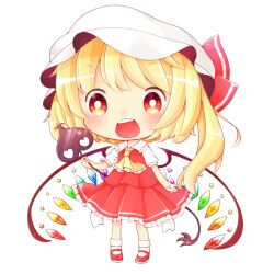 Rule 34 | 1girl, ascot, back bow, blonde hair, bow, chibi, collared shirt, crystal, flandre scarlet, frilled ascot, frilled shirt collar, frilled skirt, frills, full body, hat, holding, holding polearm, holding weapon, kokochi, laevatein (touhou), long hair, looking at viewer, mary janes, mob cap, multicolored wings, open mouth, pigeon-toed, polearm, puffy short sleeves, puffy sleeves, rainbow order, red eyes, red footwear, red skirt, red vest, shirt, shoes, short sleeves, simple background, skirt, skirt set, socks, solo, standing, teeth, touhou, upper teeth only, vest, weapon, white background, white bow, white hat, white shirt, white socks, wings, yellow ascot
