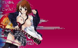 Rule 34 | 1girl, breasts, bukkake, cum, cum on body, cum on breasts, cum on upper body, guitar, highres, hirasawa yui, instrument, k-on!, mouth hold, nipples, open clothes, panties, panty pull, solo, tagme, underwear