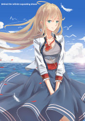 Rule 34 | 1girl, absurdres, adapted costume, ahoge, blonde hair, blue skirt, breasts, cleavage, cloud, cuffs, day, earrings, english text, feathers, green eyes, highres, jewelry, kanryourei, long hair, long skirt, looking at viewer, medium breasts, missouri (warship girls r), ocean, open clothes, open shirt, petals, red ribbon, ribbon, rose petals, shirt, skirt, sky, smile, solo, uss missouri (bb-63), warship girls r, white shirt, wind, wind lift