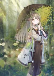 Rule 34 | 1girl, absurdres, arknights, black choker, blurry, blurry background, blush, brown eyes, brown skirt, choker, closed mouth, collarbone, commission, day, dot nose, falling leaves, feather hair, from side, green hair, green shirt, highres, holding, holding umbrella, infection monitor (arknights), jacket, leaf, light rays, long hair, long skirt, long sleeves, looking at viewer, mole, mole under eye, muelsyse (arknights), nayuuchan, open clothes, open jacket, outdoors, own hands together, pendant choker, pixiv commission, rain, shirt, sidelocks, skirt, solo, straight hair, umbrella, white jacket