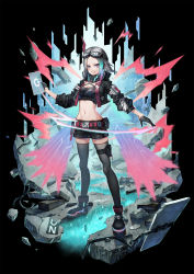 Rule 34 | ankle boots, aqua hair, arm pouch, belt buckle, belt pouch, black background, black footwear, black gloves, black jacket, black shorts, black thighhighs, blue hair, boots, breasts, buckle, cable, character request, cleavage, closed mouth, commentary request, criss-cross halter, crop top, debris, destruction, detached collar, dive to zone, electricity, full body, gloves, glowing, goggles, goggles on head, gradient hair, grey hair, half gloves, halterneck, headphones, headphones around neck, highres, holding, jacket, legs apart, lightning bolt symbol, long sleeves, medium breasts, midriff, motion blur, multicolored hair, navel, open clothes, open jacket, pink hair, pouch, purple eyes, purple hair, rubble, sho (sumika), shorts, skindentation, sleeves pushed up, smile, solo, standing, streaked hair, tablet pc, thigh pouch, thighhighs, touchscreen