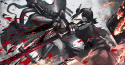 Rule 34 | 10s, 2girls, abyssal ship, battle, black hair, blood, bloody weapon, cape, cuts, fingerless gloves, fire, gloves, glowing, glowing eyes, headgear, hetza (hellshock), injury, kantai collection, mecha musume, multiple girls, pale skin, personification, revision, school uniform, short hair, skirt, sparks, staff, sweater, sword, tenryuu (kancolle), thighhighs, weapon, wo-class aircraft carrier