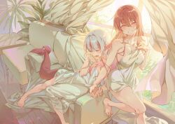 Rule 34 | 2girls, absurdres, bare shoulders, barefoot, bed sheet, bite mark, breasts, cleavage, couch, curtains, feet, finger in own mouth, fins, fish tail, full body, gawr gura, hair between eyes, heterochromia, highres, holding hands, hololive, hololive english, hololive fantasy, holomyth, houshou marine, hxxg, indoors, large breasts, legs, long hair, looking at viewer, medium hair, multicolored hair, multiple girls, no eyepatch, on couch, open mouth, outstretched leg, plant, red eyes, red hair, reflect (gawr gura), shark girl, shark tail, sharp teeth, sitting, smile, streaked hair, swept bangs, table, tail, teeth, toes, virtual youtuber, white hair, window, yellow eyes
