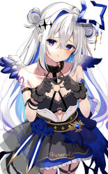 Rule 34 | 1girl, absurdres, amane kanata, amane kanata (another world), angel wings, animal collar, arm strap, bandages, bare shoulders, belt, black belt, black bra, black collar, black gloves, black skirt, blue flower, blue hair, blue halo, blue rose, blue skirt, blush, bra, breasts, chest harness, collar, collarbone, colored inner hair, double bun, flower, furrowed brow, gloves, gradient hair, grey hair, hair between eyes, hair bun, halo, harness, heart o-ring, high-waist skirt, highres, hololive, index fingers together, lace, lace-trimmed bra, lace trim, layered skirt, long hair, looking at viewer, miniskirt, multicolored hair, o-ring, o-ring thigh strap, o-ring top, pout, purple eyes, purple hair, rose, sidelocks, skirt, small breasts, solo, streaked hair, thigh strap, underwear, uuroncha, virtual youtuber, white background, wings, wrist straps