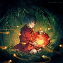 Rule 34 | 1girl, barefoot, black hair, blunt bangs, brown eyes, chinese clothes, commentary, english commentary, fireflies, kneeling, lantern, night, original, outdoors, paper lantern, short hair, solo, third-party source, watermark, web address, yuumei