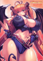 Rule 34 | 1girl, ahoge, bat wings, belt, bracelet, breasts, cameltoe, cleavage, cleft of venus, comic unreal, demon, demon girl, covered erect nipples, fingerless gloves, from below, gloves, highres, horns, huge breasts, impossible clothes, impossible shirt, jewelry, large breasts, long hair, midriff, mogudan, navel, nipples, orange hair, pointy ears, puffy nipples, red eyes, shirt, skindentation, skull, solo, spiked bracelet, spikes, demon girl, tail, twintails, very long hair, vest, wings
