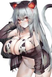 Rule 34 | 1girl, animal ear fluff, animal ears, animal print, arm behind head, bad id, bad pixiv id, bikini, blush, breasts, cat ears, cat girl, cat tail, cleavage, closed mouth, commentary, cow print, cowboy shot, facial mark, hair between eyes, huge breasts, leaning forward, long hair, long sleeves, looking at viewer, multicolored hair, navel, original, poharo, print bikini, red eyes, red hair, see-through, silver hair, simple background, solo, stomach, strapless, strapless bikini, streaked hair, swimsuit, tail, tail raised, very long hair, whisker markings, white background