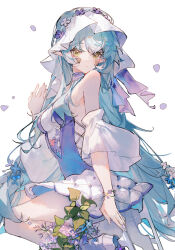 Rule 34 | 1girl, aotu world, bare shoulders, blue flower, blue hair, blue leotard, bow, breasts, chinese commentary, commentary request, cross-laced leotard, detached sleeves, expressionless, eyelashes, fingernails, flower, full body, hair flower, hair ornament, hat, hat bow, hat flower, ice skates, large breasts, lemon (aotu world), leotard, long hair, marking on cheek, nonhaaa, parted lips, petals, pointy ears, purple bow, purple flower, short sleeves, sideboob, simple background, skates, solo, very long hair, white background, white flower, white footwear, white sleeves, white veil, wide sleeves, wrist flower, yellow eyes