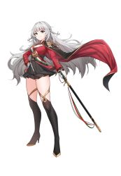 Rule 34 | 1girl, absurdres, aiguillette, azur lane, black cape, black footwear, black skirt, boots, braid, breasts, cape, cleavage, epaulettes, full body, gloves, gold trim, grey eyes, grey hair, high heels, highres, holding, holding sword, holding weapon, italian flag, jacket, kafeifeifeifeifeifei jiemo jun, knee boots, large breasts, long hair, looking at viewer, medal, microskirt, red jacket, sheath, sheathed, simple background, skirt, solo, standing, sword, twin braids, vittorio veneto (azur lane), weapon, white background, white gloves