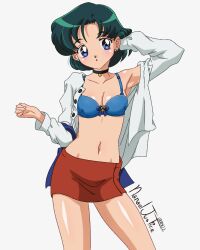 Rule 34 | 1girl, armpits, bishoujo senshi sailor moon, blue bra, blue eyes, blue hair, blue ribbon, blush, bra, breasts, choker, commission, earrings, highres, jewelry, mizuno ami, nanaeljustice, open mouth, red skirt, ribbon, shirt, short hair, skirt, small breasts, solo, thighs, underwear, undressing, white background, white shirt