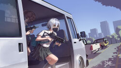 Rule 34 | 2022, 2girls, absurdres, aqua bag, black mask, black socks, blue sky, brown hair, building, car, car interior, carrying bag, collared shirt, commentary, covered eyes, covered mouth, dated, day, english commentary, feet out of frame, foregrip, grey skirt, gun, h&amp;k ump, hair ornament, highres, holding, holding gun, holding weapon, kaungmyat naing, looking ahead, machine pistol, mask, motor vehicle, mouth mask, multiple girls, open door, original, outdoors, parking lot, pickup truck, pleated skirt, ponytail, rear-view mirror, reflection, shadow, shirt, short hair, short sleeves, signature, skirt, sky, sliding doors, socks, sports utility vehicle, submachine gun, trigger discipline, truck, two side up, uzi, van, vehicle interior, vertical foregrip, weapon, white hair, white shirt, yellow eyes