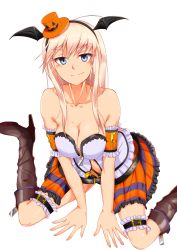 Rule 34 | 1girl, absurdres, blonde hair, blue eyes, blush, breasts, cleavage, collarbone, halloween, halloween costume, hanna-justina marseille, head, head wings, highres, large breasts, looking at viewer, simple background, smile, solo, strike witches, white background, wings, witches of africa, world witches series