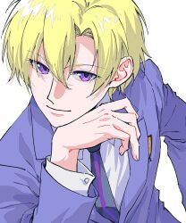Rule 34 | 1boy, ako (eanaaati1), blonde hair, closed mouth, highres, jacket, long sleeves, looking at viewer, male focus, necktie, ouran high school host club, ouran high school uniform, purple eyes, school uniform, shirt, short hair, simple background, smile, solo, suou tamaki, white background, white shirt